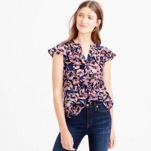 J. Crew Flutter Sleeve Hibiscus Floral Short Sleeve Blouse 00